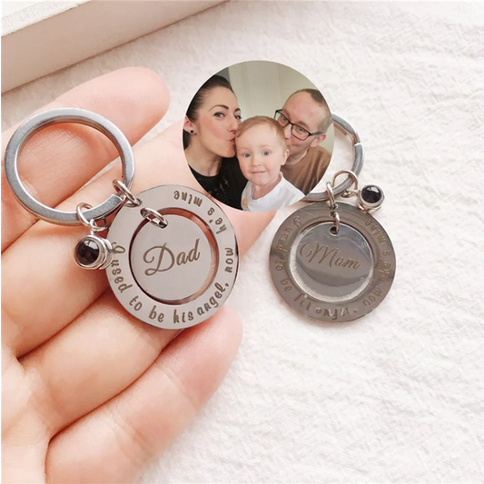 "Memories in Motion: Personalized Projection Photo Keychain for Mom and Dad"