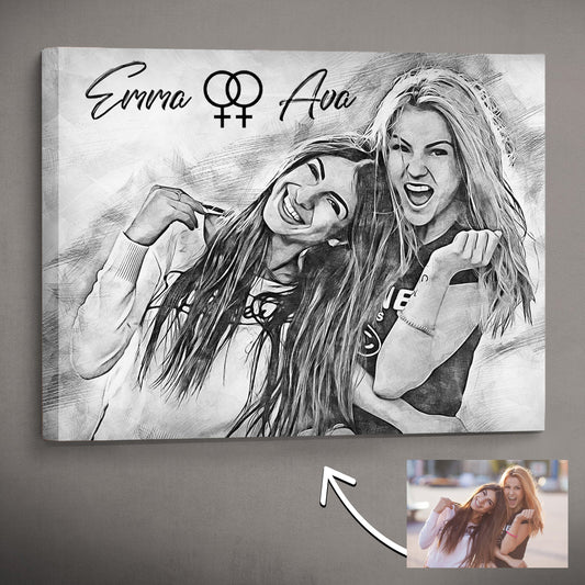 Pencil Sketch for Best Friends, Sisters, Girlfriend, Personalized Gift, Custom Canvas