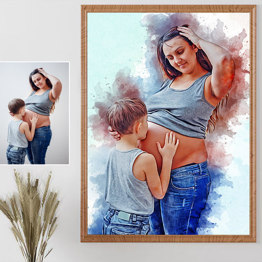 Custom Watercolor Photo for Mother, Pregnancy Portrait, Pregnant Mom Gift, Baby Shower Wall Art