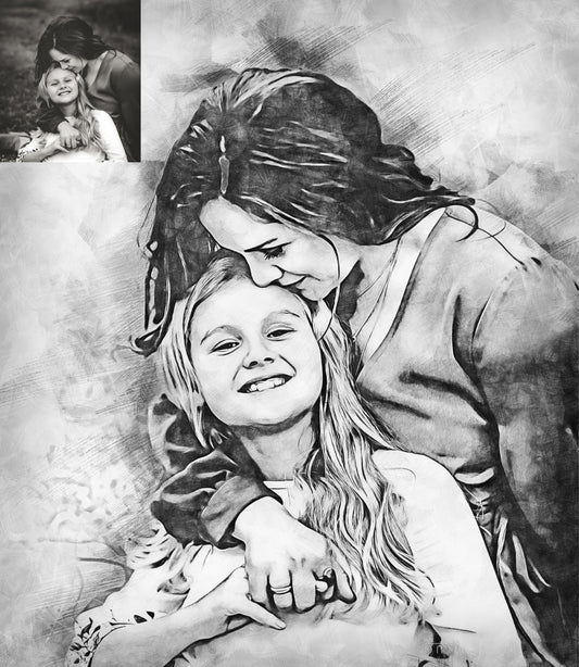 Personalized Sketch for Mom and Daughter, Custom Canvas For Mother and Daughter, Perfect Gift for Mom, Mother-Daughter Photo